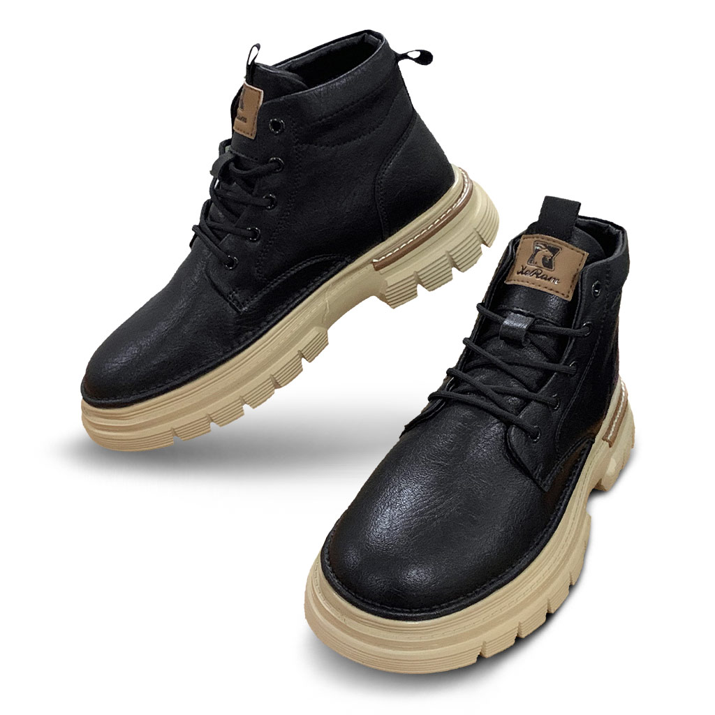 马丁靴带绒保暖-黑-米白底